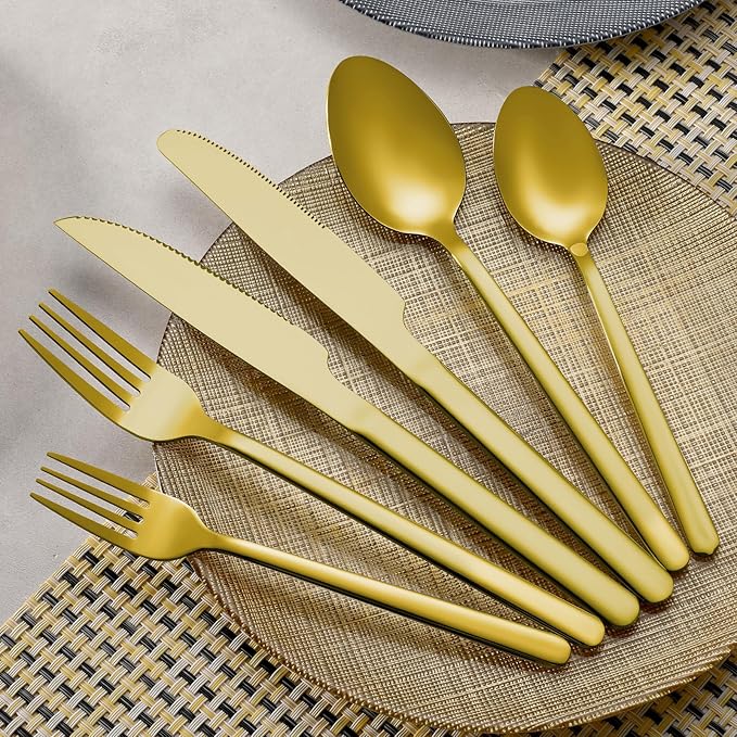 24 Pcs Gold Silverware Set with Steak Knives, Food-Grade Stainless Steel Flatware Cutlery Set for 4, Mirror Polished Tableware Eating Utensils Set for Kitchen, Knife Fork Spoon Set, Dishwasher Safe