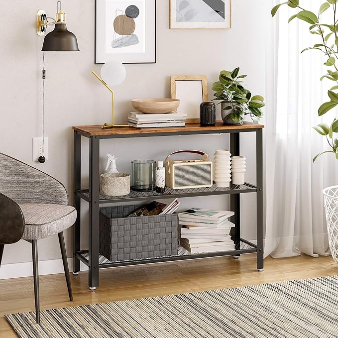 VASAGLE 40" Industrial Console Table, 3 Tier Entryway Table with Storage Shelf, Narrow Sofa Tables for Living Room, Hallway, Entrance Hall, Corridor, Bedroom, Rustic Brown and Black ULNT81BX
