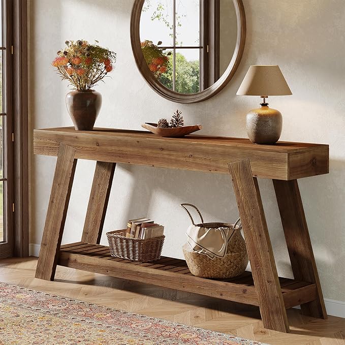 Solid Wood Console Table, 62.9-Inch Long Narrow Entryway Sofa Table with Storage Shelf for Living Room Hallway Entrance