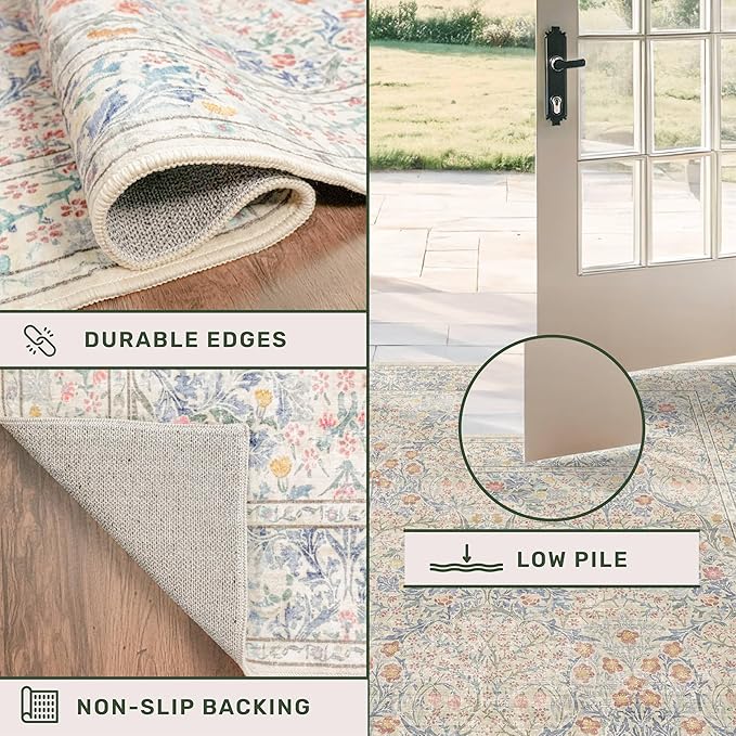Beige Blue Washable 2x8 Runner Rug for Bathroom, Hallway, Kitchen, Non-Slip & Stain Resistant 8ft Long Entryway Floor Rug, Retro Boho Floral Décor