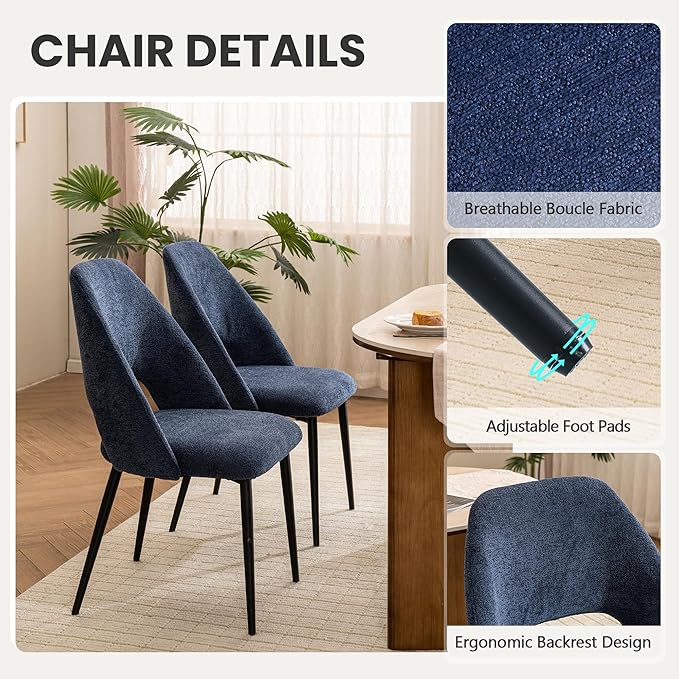 Rowill Boucle Dining Chairs Set of 2, Morden Upholstered Dining Room Kitchen Chairs with Metal Legs for Living Room, Bedroom, Restaurant, Blue