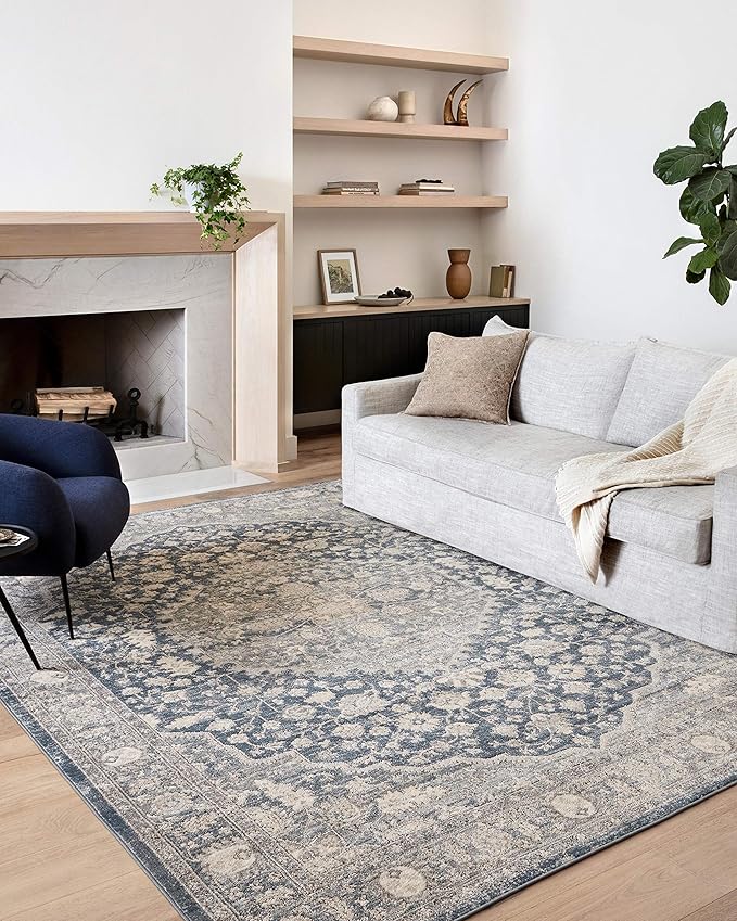 Loloi Teagan Collection TEA-01 Denim/Mist 7'-11" x 10'-6" Area Rug, Large, Soft Neutral Rug, High-Traffic for Living Room, Bedroom, Home Office, Dining Area