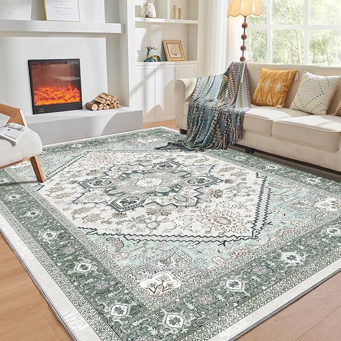 OPPODREAM Thin Area Rugs 9x12 Living Room, Washable Rugs 9x12 with Non Slip Backing, Faux Cashmere Low-Pile 9 x 12 Carpet, Green