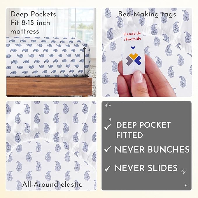 California Design Den Deep Pocket Twin Sheets Set - 400 Thread Count Sateen, Natural 100% Cotton Sheets, Cooling and Durable Bedding Set - Paisley Blue