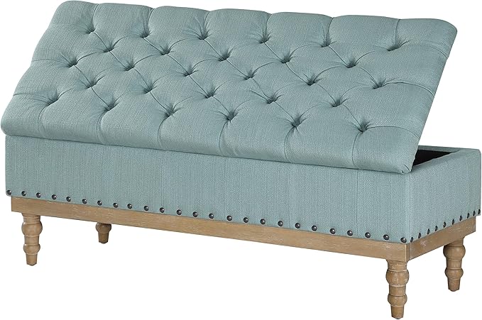 OSP Home Furnishings Landis Button Tufted Padded Top Storage Bench with Brushed Legs, Sea Blue Fabric