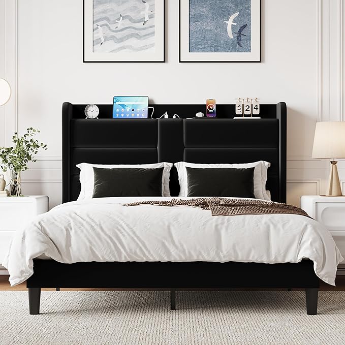 SHA CERLIN Queen Size Bed Frame with Charging Station & Storage Headboard, Velvet Platform Bed with Upholstered Modern Wingback Design, Wooden Slats Support, No Box Spring Needed, Easy Assembly, Black