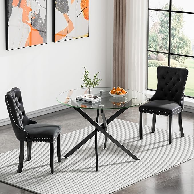 36" Round Glass Dining Room Table for 4 with Tempered Glass Top and Black Metal Legs, Modern Clear Kitchen and Dinner Table for Home Office Dining Room