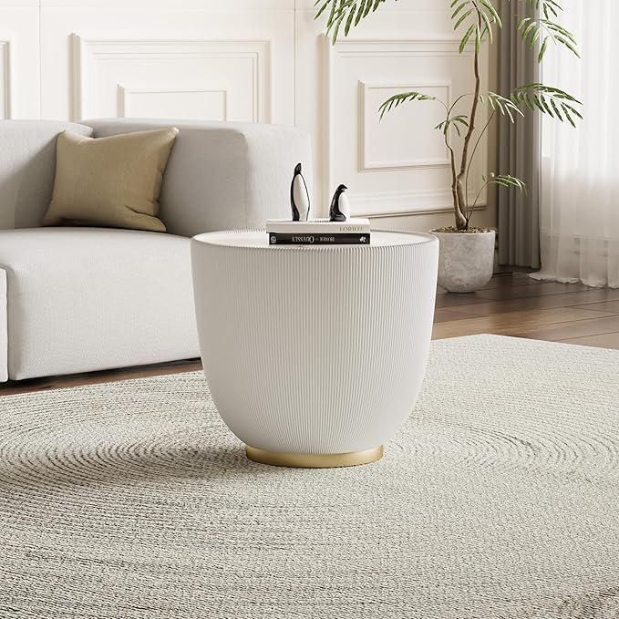 Round Coffee Table Set with Sintered Stone Tabletop, 29.53" Orange Drum Center Table and 19.69" White Coffee Table Set, 2 Pieces Living Room Table Set with Fluted PU Leather Cover& Metal Base
