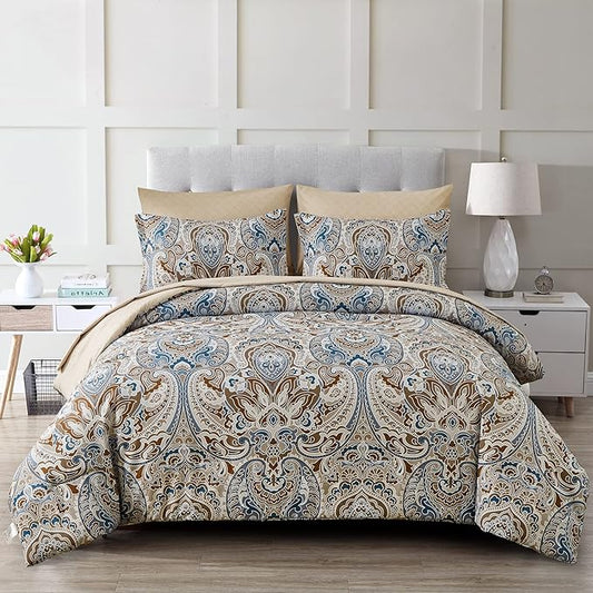 Drucon Brown Paisley Comforter Set Queen, 7 Pieces Bed in a Bag Comforter Boho Paisley Pattern Bedding Soft Microfiber Queen Size Comforter with Sheet & Pillowcase