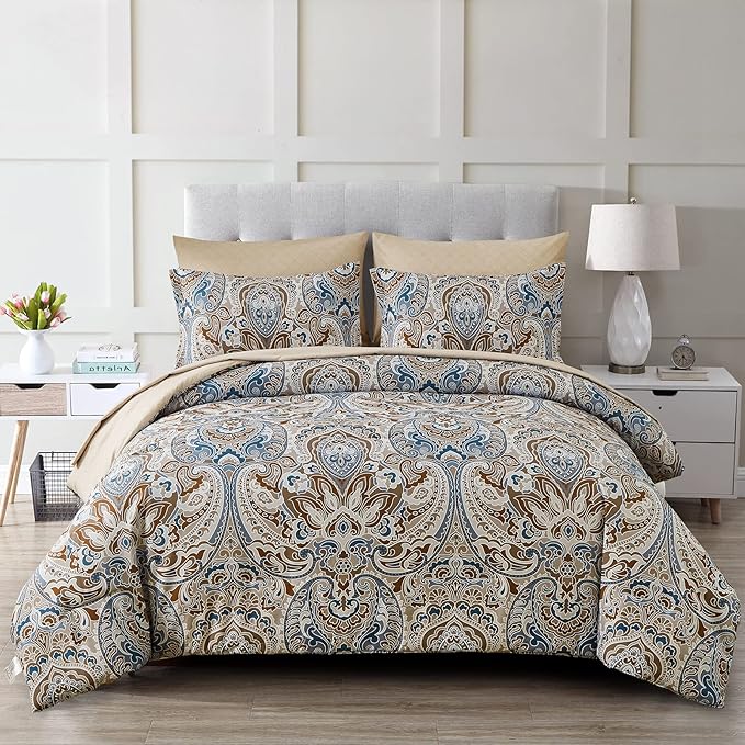 Drucon Brown Paisley Comforter Set Full, 7 Pieces Bed in a Bag Brown Paisley Pattern Comforter Soft Microfiber Bedding Set Full Size with Sheet and Pillowcases for Men Women