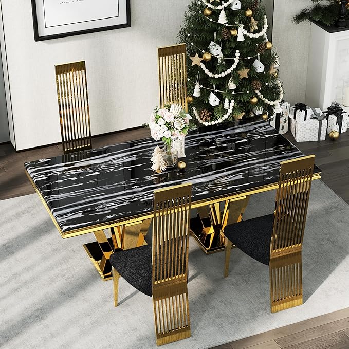 Dining Chairs Set of 4, Black Upholstered Dining Room Chairs with Mirrored Gold Metal Legs and High Back