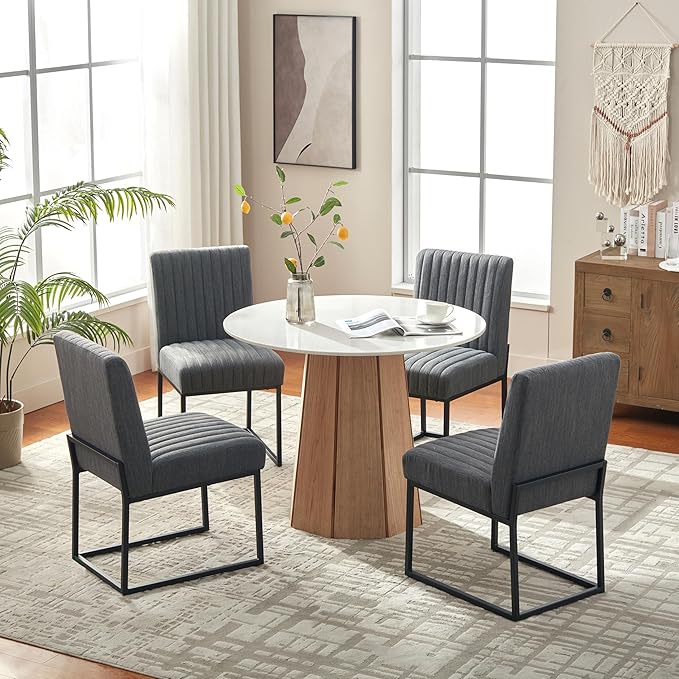 VKNOW Upholstered Dining Chairs Set of 4, Modern Dining Room Chairs with Stripe, Linen Kitchen Chair Dinner Chair with Black Metal Base for Kitchen Office, Dark Grey