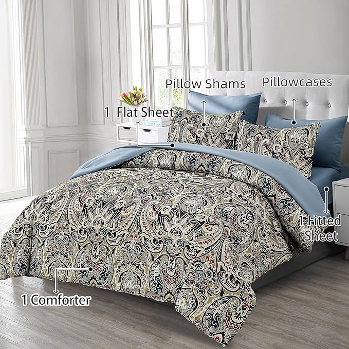 Boho Comforter Set Queen, 7 Pieces Bed in A Bag Comforter Boho Paisley Pattern Bedding Set Soft Microfiber Queen Size (1 Blue Comforter, 1 Flat Sheet, 1 Fitted Sheet, 2 Pillow shams, 2 Pillowcases)