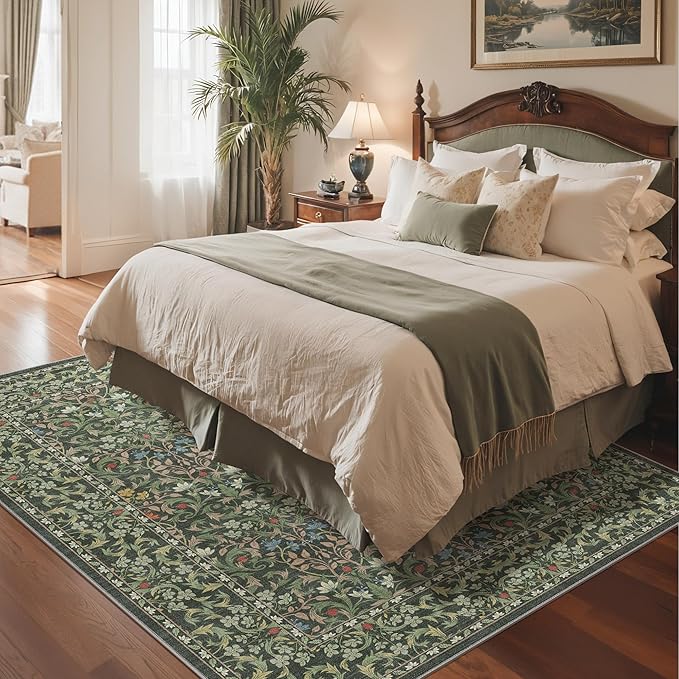 GENIMO Large 8x10 Area Rug for Living Room, Boho Floral Vintage Non-Slip Carpet, Soft Low-Pile Lightweight Indoor Rug, Stain Resistant Thin Rug for Bedroom, Dining Room, Nursery, Emerald Green
