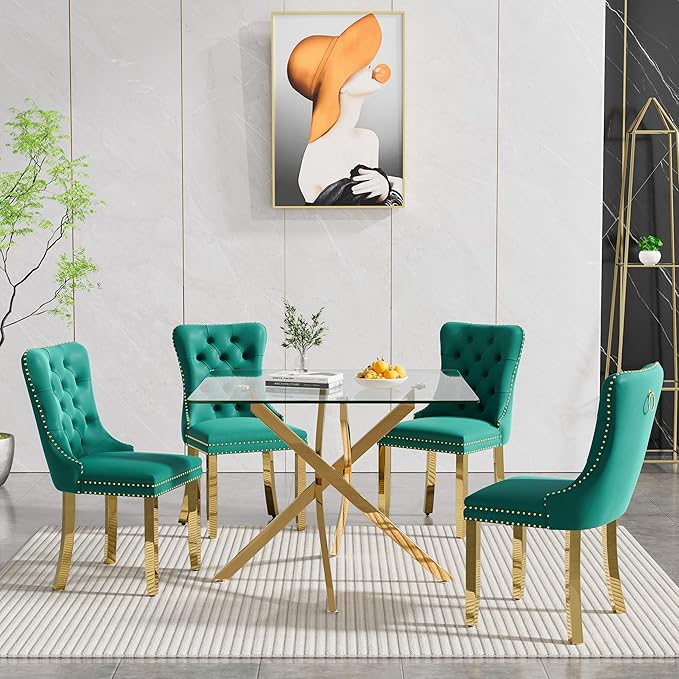 Goujxcy 5 Piece Glass Dining Table Set Modern Small Glass Dining Table Set for 4, 35.43" Square Kitchen Table and 4 Velvet Upholstered Chairs for Kitchen Dining Room, Gold & Green