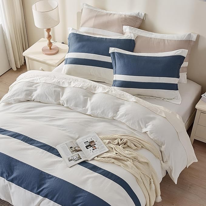 Simple&Opulence French Linen Duvet Cover Set with Stripe 104”x92”, 3 Pieces(1 Comforter Cover and 2 Pillow Shams) Rustic Natural Flax Cotton Blend(King,White and Navy)