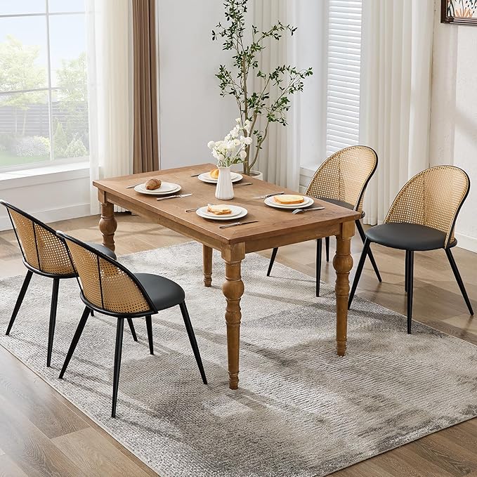 TYBOATLE Rattan Dinner Chairs Set of 4 with Faux Leather Cushion, Modern Dining Room Chairs w/Adjustable Foot Pads, Kitchen Boho Mid Century Upholstered, Black