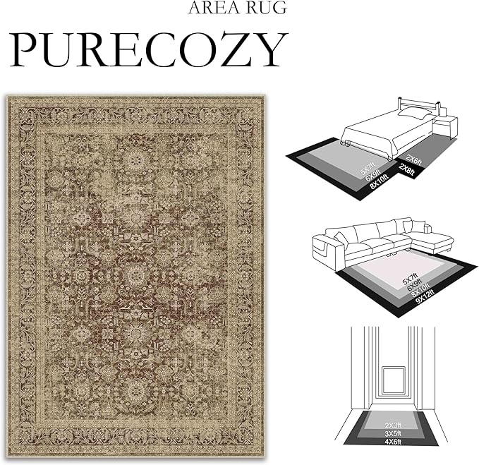 Brown 6x9 Area Rug Non Slip Vintage Living Room Distressed Machine Washable Carpet Retro Indoor Bedroom Traditional Floral Accent Throw Rug for Office Kitchen Dorm Dining Room