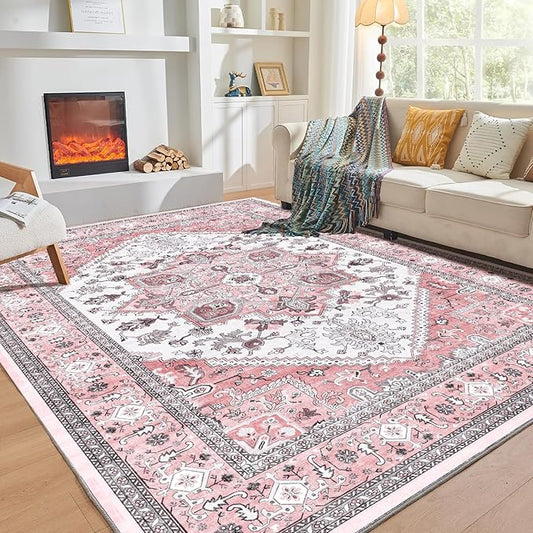 OPPODREAM Thin Area Rugs 9x12 Living Room, Washable Rugs 9x12 with Non Slip Backing, Faux Cashmere Low-Pile 9 x 12 Carpet, Pink & Cream