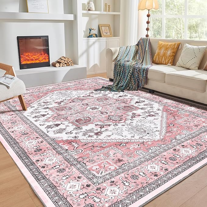 OPPODREAM Thin 10x14 Area Rugs, Washable Rugs 10x14 with Non Slip Backing, Low-Pile Faux Cashmere 10 x 14 Carpet, Pink & Cream