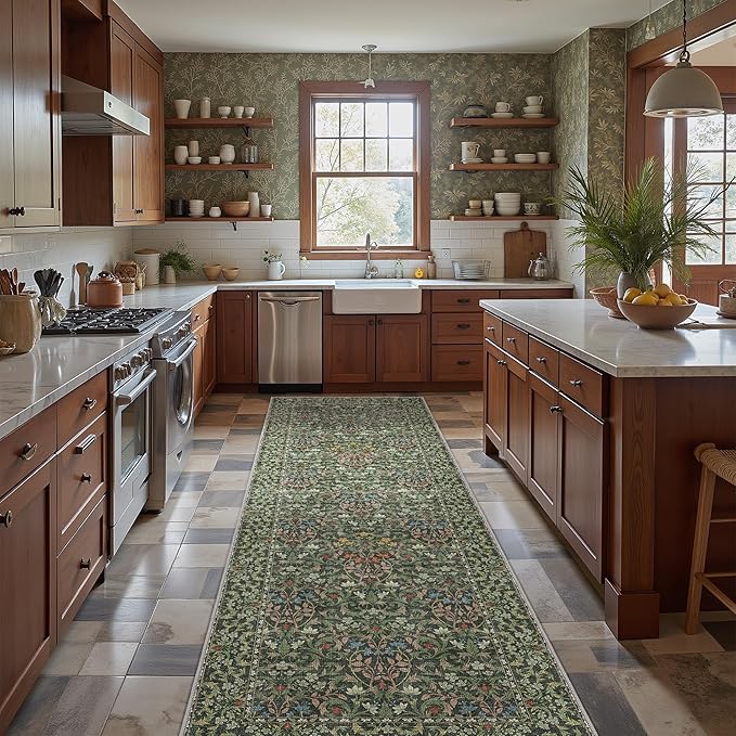 GENIMO Floral Washable Runner Rug 2’6”x8’, Non-Slip Long Hallway Carpet for Entryway, Kitchen, Indoor Floor Use, Vintage Boho Soft Thin Rug Décor, Emerald Green