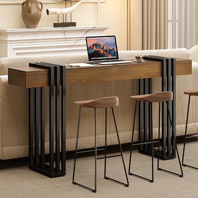 63" Long Console Table for Entryway - Behind Couch Table for Living Room, Wood Sofa Tables with Black Parallel Metal Frame & Power Outlet for Hallway, Entrance, Narrow Foyer, Walnut