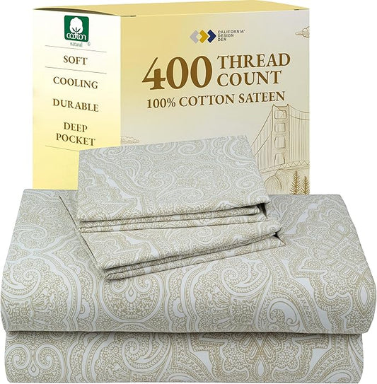 California Design Den California King Sheet Sets - 400 Thread Count Sateen, Natural 100% Cotton Sheets Set, Deep Pocket Cooling and Durable Bedding - Paisley Pattern, Beige