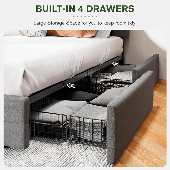 MUTICOR Full Size Bed Frame with 4 Storage Drawers, Upholstered Platform Bed with Button Tufted Adjustable Headboard, No Box Spring Needed, Easy Assembly, Square Tufted, Light Grey Fabric