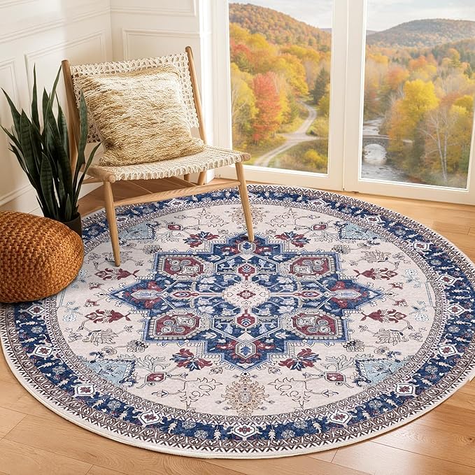 OPPODREAM Thin Round Rug 3ft, Washable Circle Rug 3ft with Non Slip Backing Play Room, Low-Pile Carpet 3 ft, Small Faux Cashmere Throw Carpet, Navy Blue & Red & Cream