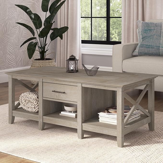 Bush Furniture Coffee Table with Storage with Aged Bronze Hardware | Key West Collection Center Counter for Living Room | 47Wx24Dx18H