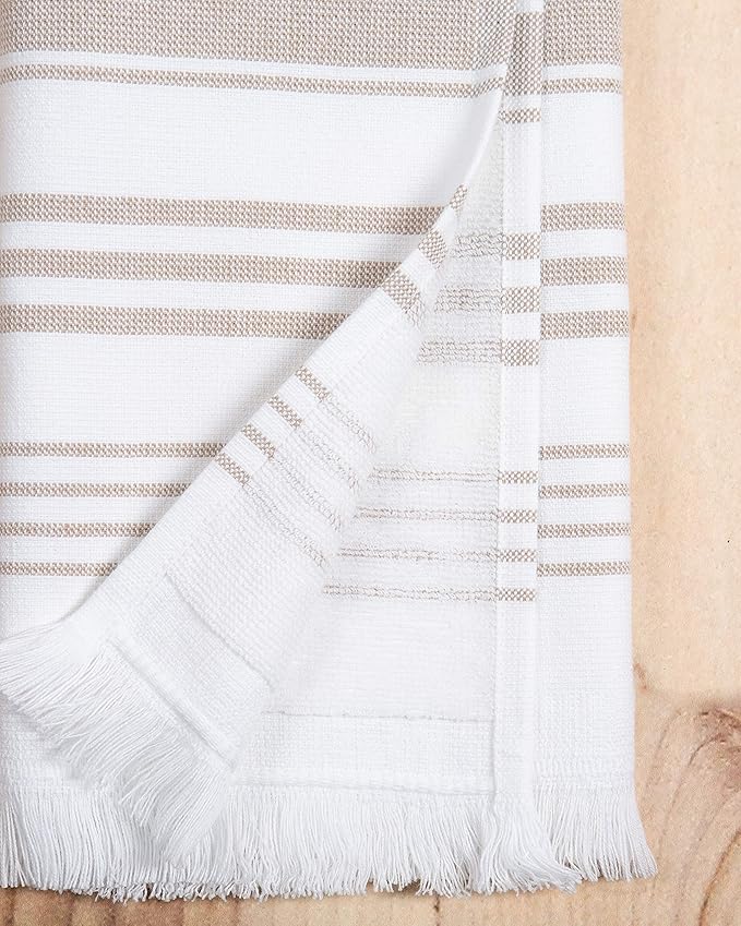 Sticky Toffee Hand Towels for Bathroom Set of 2 – 28x16 in White and Tan Striped Turkish Towels, Soft and Absorbent Decorative 100% Cotton Bath Towels