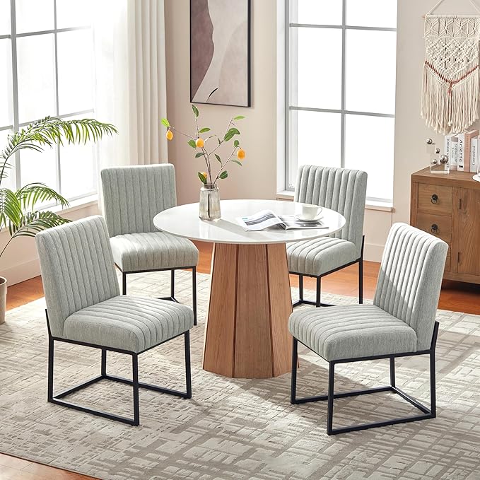 VKNOW Upholstered Dining Chairs, Modern Dining Room Chairs with Stripe, Linen Kitchen Chair Dinner Chair with Black Metal Base for Kitchen Office, Light Grey