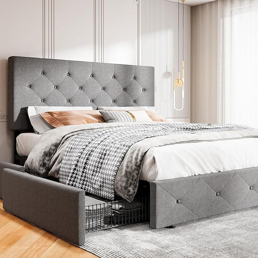 MUTICOR Full Size Bed Frame with 4 Storage Drawers, Upholstered Platform Bed with Button Tufted Adjustable Headboard, No Box Spring Needed, Easy Assembly, Diamond Tufted, Light Grey Fabric