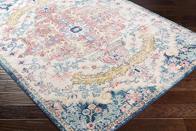 Livabliss Area Rugs - 5ft Round Odelia Vintage Boho Aqua Burgandy Blue Round Area Rug for Living Room Bedroom - Floral Medallion Stain Resistant Carpet for Kitchen, Nursery, Office (5'3" Round)