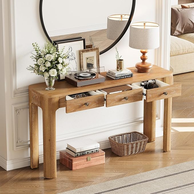 Merax 52" Console Table with 3 Drawers, Rustic Entryway Table with Curved Corners, Narrow Long Sofa Table for Living Room, Hallway, Entrance, Behind Couch, Foyer, Sturdy Thick Legs, Natural