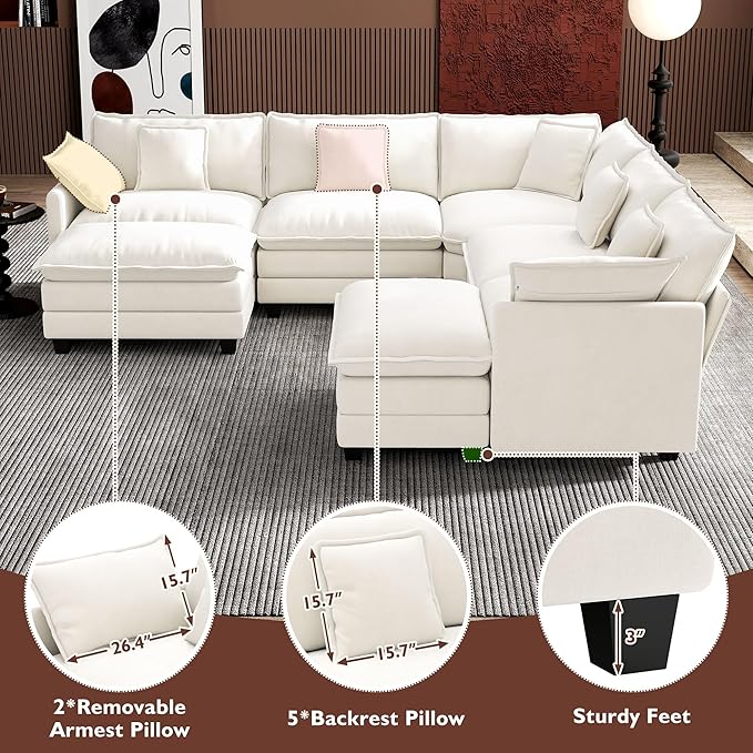 Ihanherry 114" V-Shaped Modern Sofa Modular Sectional Cloud Couch with 2 Ottoman, 7-Seat Chenille Deep Seat Sofa with Corner Section for Living Room, Bedroom and Apartment, Beige