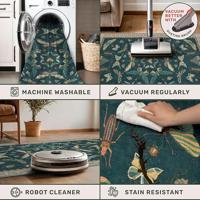 Insect Teal Green 5x7 Area Rug for Living Room - Cottage Core Rug for Bedroom, Dining Room, Kids Playroom, Home Office, Floral Vintage Whimsical Butterfly Washable Non Slip Floor Décor