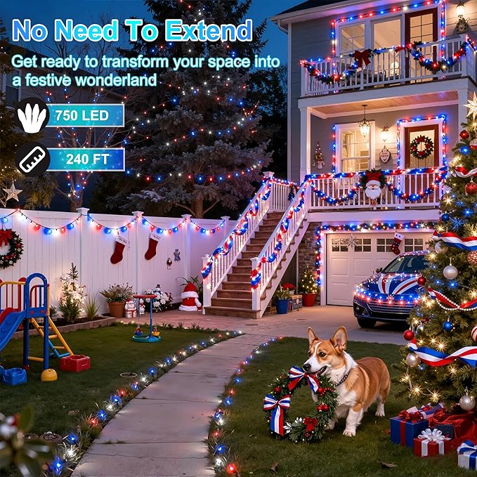 240FT 750LED Christmas Lights,12 Modes Red Blue and White Outdoor String Lights with Timer Dimmable, Waterproof Green Wire Christmas String Lights for Indoor Tree Xmas Patio Fence Wedding Party Decor