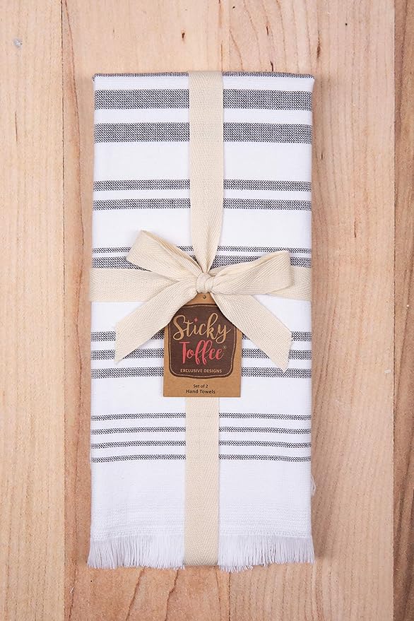 Sticky Toffee Hand Towels for Bathroom Set of 2 – 28x16 in White and Gray Striped Turkish Towels, Soft and Absorbent Decorative 100% Cotton Bath Towels