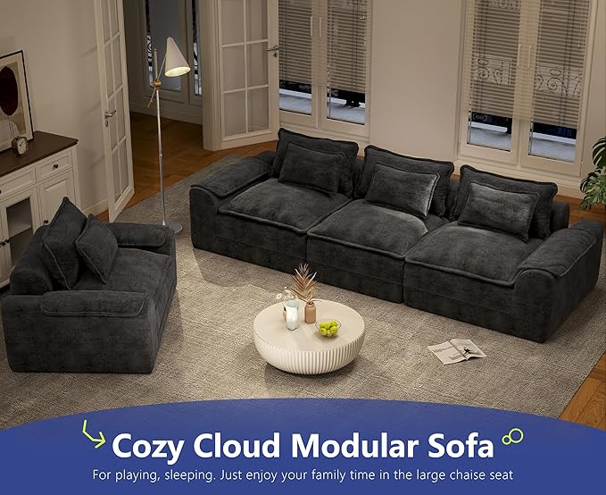 Hobestluk 120" Cloud Sectional Couch 3-Seater Sofa with Deep Seat Modular Sofa with Removable Cover Large Sofa Couch for Living Room (Blue Grey, 3-Seater Sofa)
