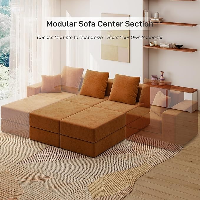 Living&Giving Cloud Sectional Couch for Living Room, Modular Boneless Couch with 1 Ottoman, Middle-seat Can Be Combined with Modular Sofa, Customizable Layout for Any Space, Orange