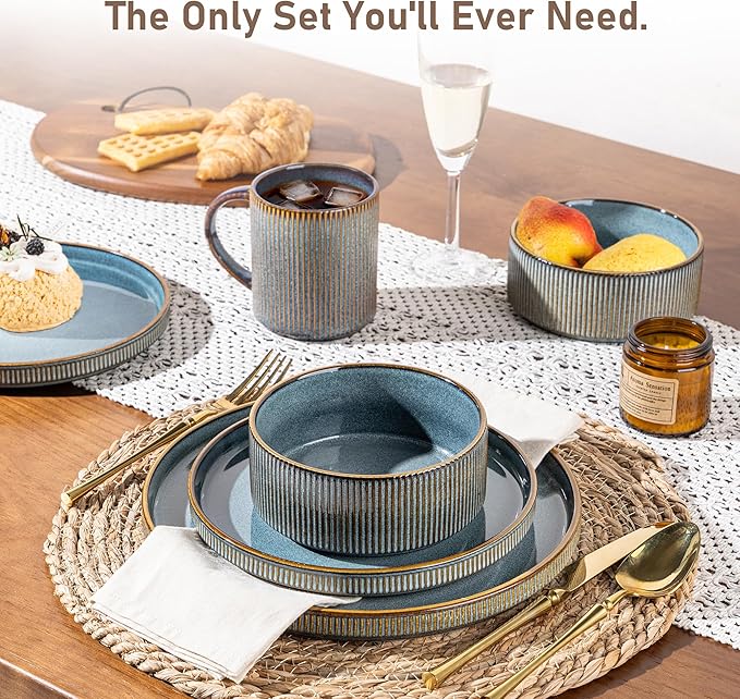 GBHOME Stoneware Dinnerware Sets for 8,Round Reactive Glaze Ceramic Plates and Bowls Set,Highly Scratch Resistant| Dishwasher & Microwave Safe Dishes Set,Service for 8(24pcs)