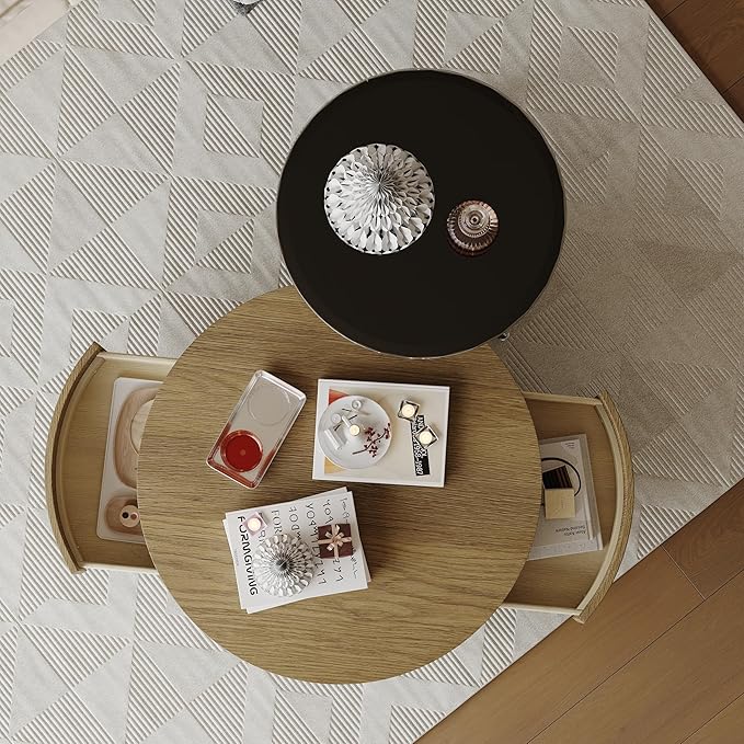 31.5 Inch Round Walnut Coffee Table with Hidden Storage Drawers and Silver Polished Stainless Steel Base, Modern Coffee Table Set with Rolling Side Table for Living Room