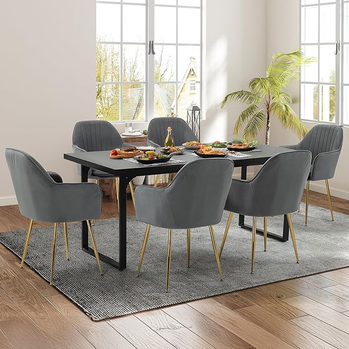 ECOTOUGE Matte Velvet Dining Chairs Set of 6, Modern Arm Chair with Golden Metal Legs, Living Room Accent Chairs for Kitchen, Grey