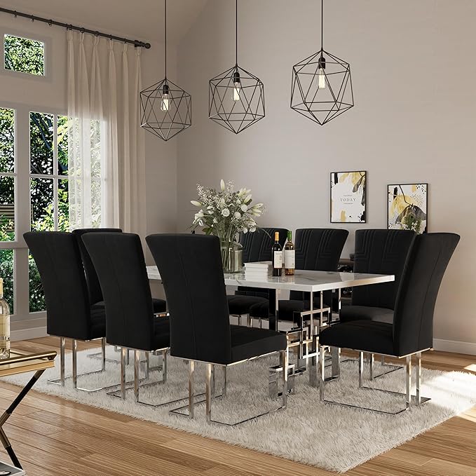 AUZ Dining Chairs Set of 2, Black and Silver Dining Chair with Velvet Upholstery and Mirrored Silver Sled Legs