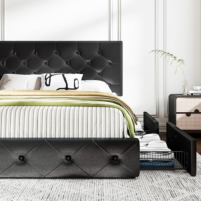 MUTICOR Queen Size Bed Frame with 4 Storage Drawers, Upholstered Platform Bed with Button Tufted Adjustable Headboard, No Box Spring Needed, Easy Assembly, Diamond Tufted, Black Leather
