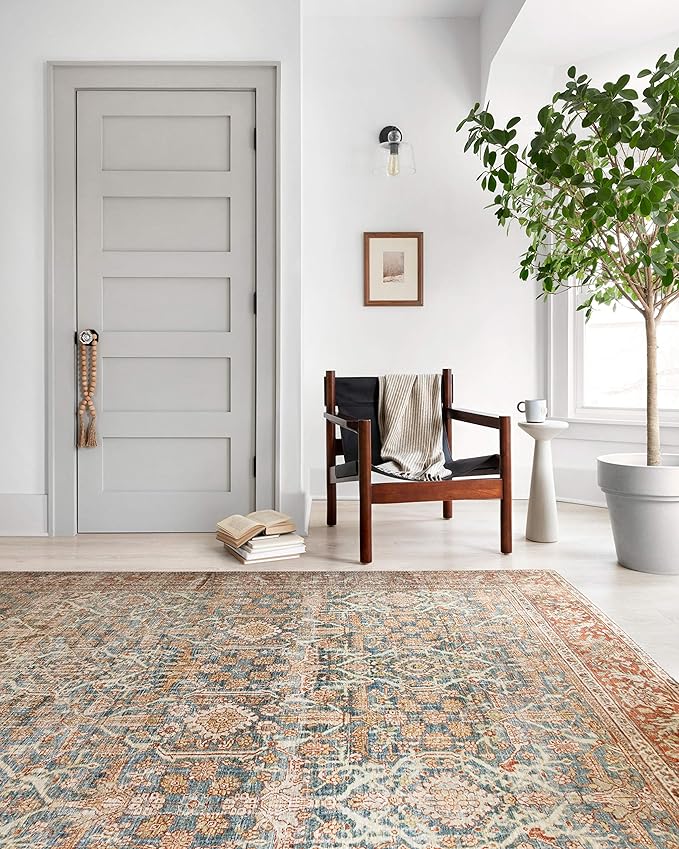 Loloi Layla Collection LAY-04 Ocean/Rust 2'-0" x 5'-0" .13" Thick Accent Rug, Soft, Durable, Vintage Inspired, Distressed, Low Pile, Non-Shedding, Easy Clean, Printed, Living Room Rug