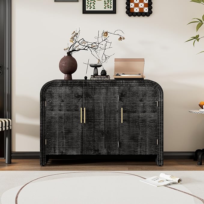 GDFStudio 47.2" Retro Curved Sideboard Storage Cabinet with Adjustable Shelves & Gold Handles, MDF Buffet Table Coffee Bars Cupboard for Living Room Dining Room Kitchen Entryway, Antique Black-2