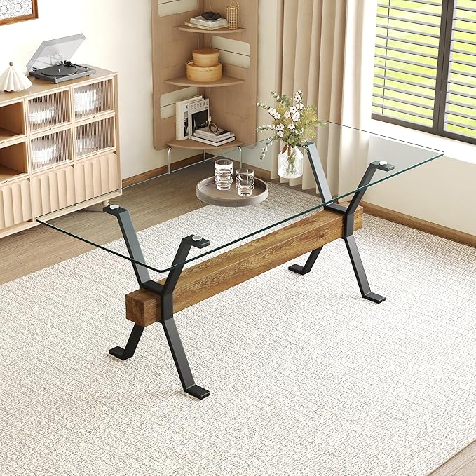 79" Glass Dining Table, Modern Kitchen Table, Modern Dining Table for 8, 0.4" Thick Tempered Glass Tabletop with Matte Black Metal Legs and Wooden Crossbar, Ideal for Dining Room, Kitchen