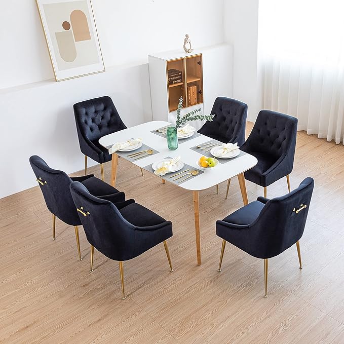 Modern Dining Chairs Set of 2, Mid Century Dining Chairs with 5.12” Cushions and Golden Legs, Velvet Upholstered Chairs with Back Pull Rod, for Kitchen, Living Room (Black)